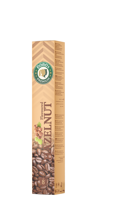 Doros Premium Kaffeekapseln Hazelnut in einer beigen Schachtel