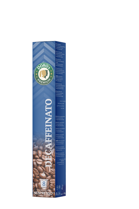 Doros Premium Kaffeekapseln Decaffeeinato in einer blauen Schachtel